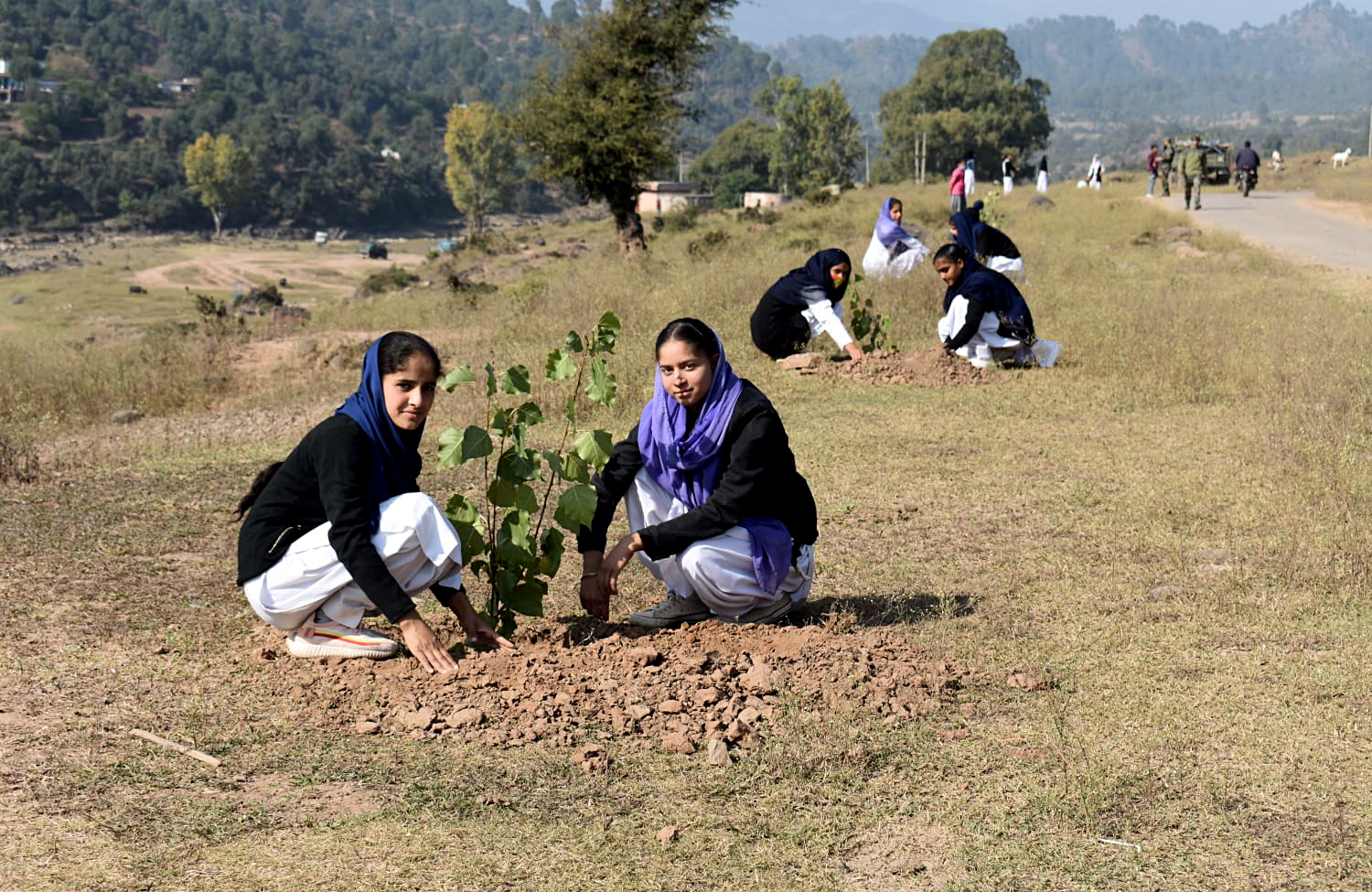 Students plant saplings during a mega Afforestation Drive