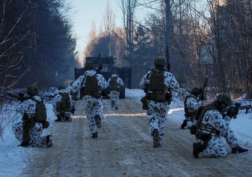 Ukrainian armed forces hold drills in the abandoned city of Pripyat