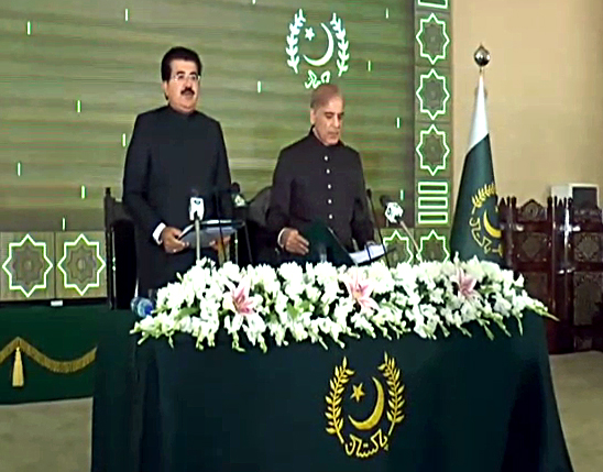 Sadiq Sanjrani administers the oath of office to Shehbaz Sharif as the 23rd Prime Minister of Pakistan