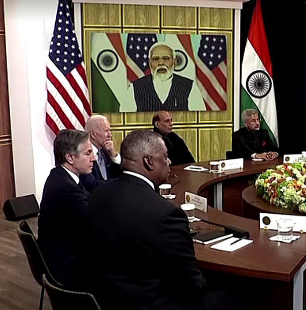Rajnath Singh and S Jaishankar with Lloyd J. Austin III and Antony Blinken attend the virtual meeting between Narendra Modi and Joe Biden