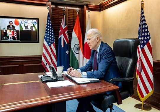 US President Joe Biden attends the virtual Quadrilateral Security Dialogue (QUAD)