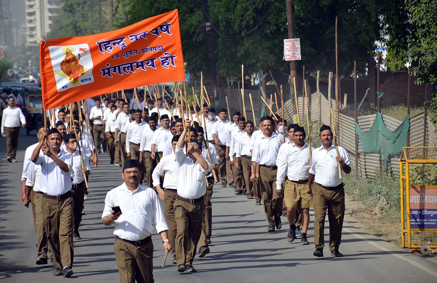 RSS workers take part in the march on the occasion of Vikram Samvat 2079