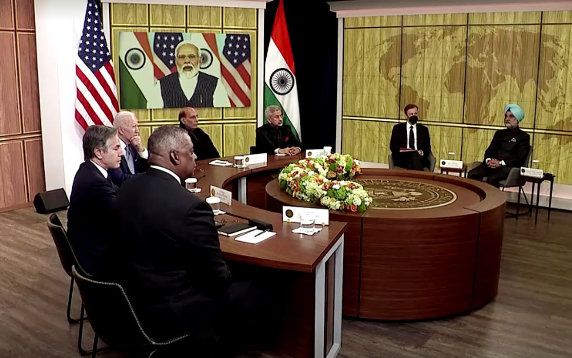 Rajnath Singh and S Jaishankar with Lloyd J. Austin III and Antony Blinken attend the virtual meeting between Narendra Modi and Joe Biden
