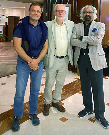 Congress MP Rahul Gandhi with UK's former Labour Party leader Jeremy Corbyn and Indian Overseas Congress President Sam Pitroda