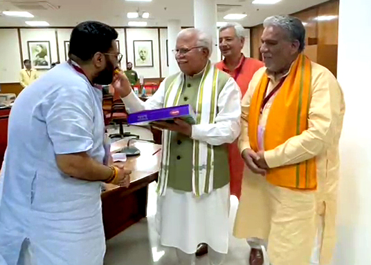 Manohar Lal Khattar congratulates Kartikeya Sharma for being elected to Rajya Sabha from Haryana