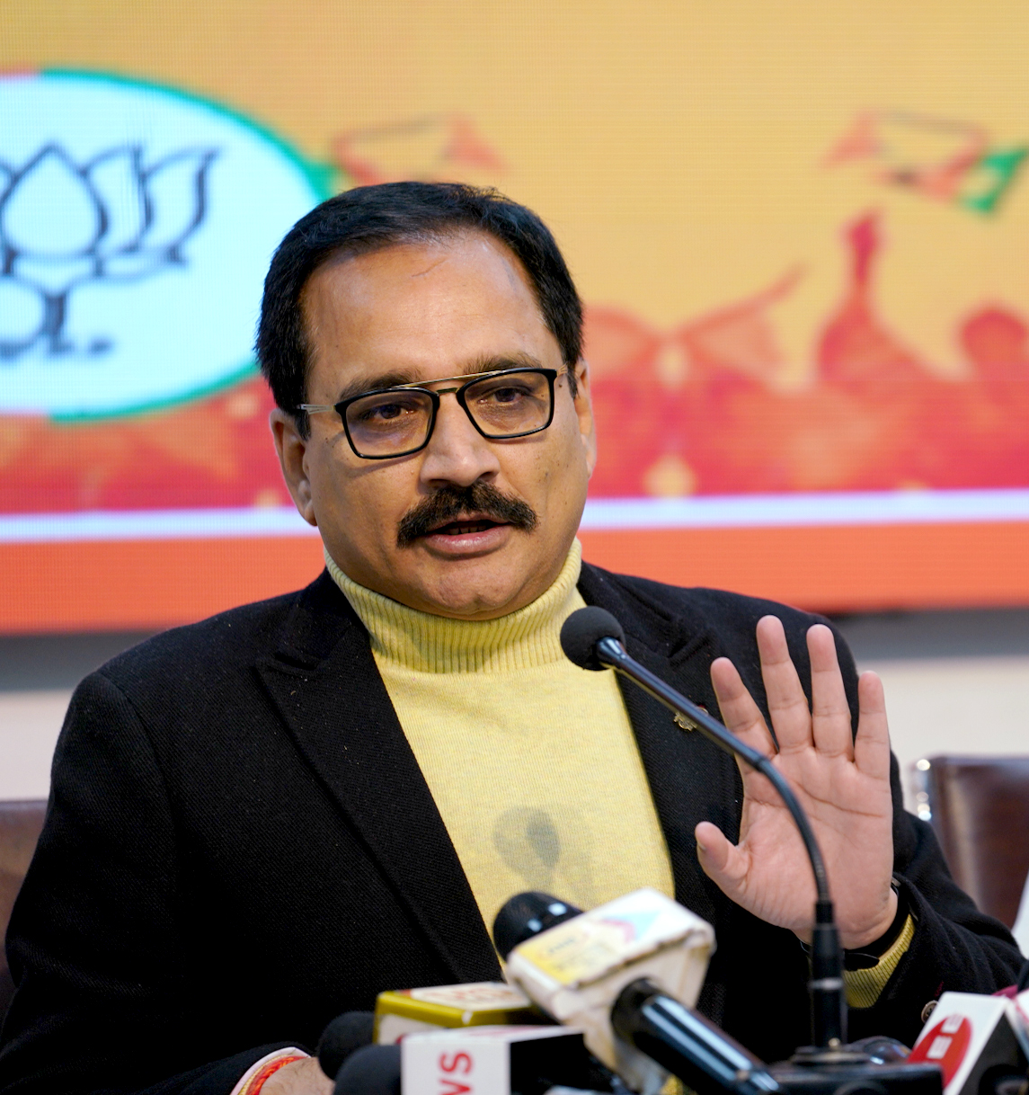 Virendra Sachdeva addresses a press conference