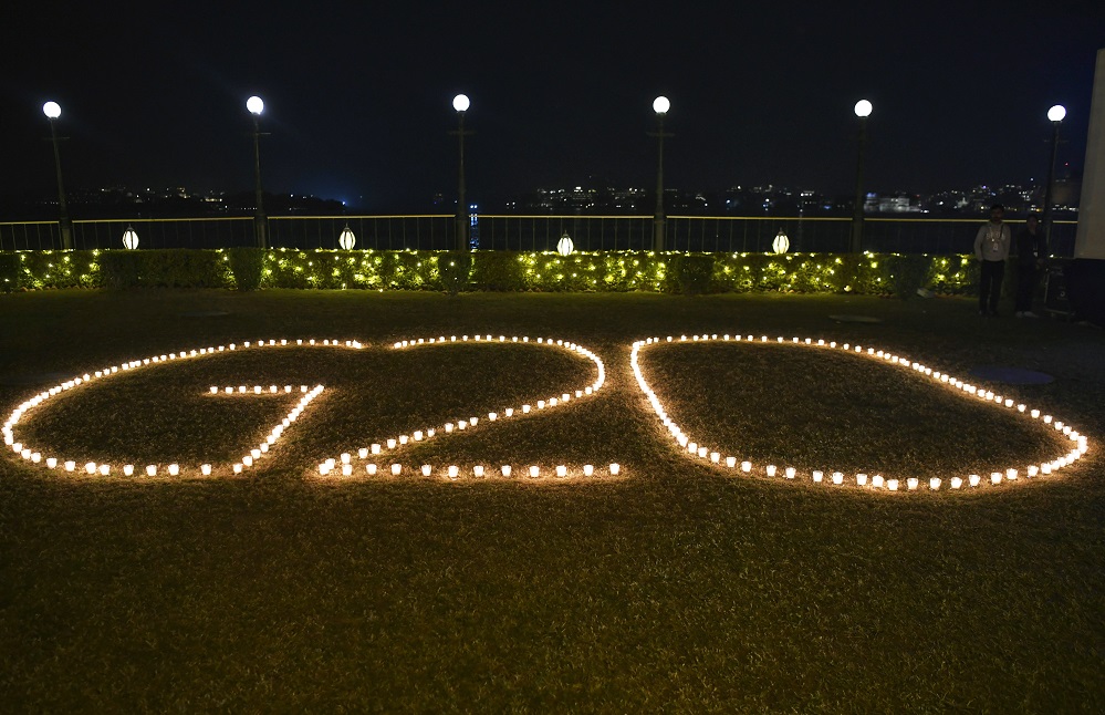 G20 displayed using oil lamps at the cultural prorgamme of G20 Sherpa meet