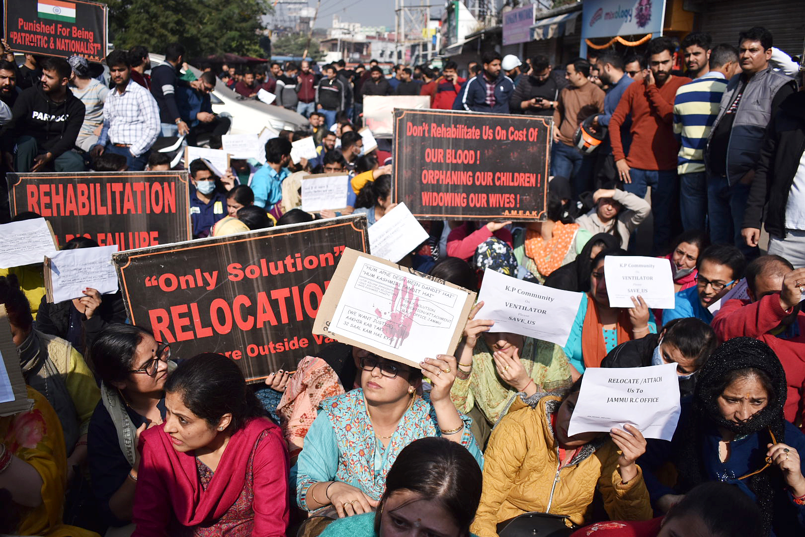 Kashmiri Pandit employees stage a protest demanding relocation of jobs