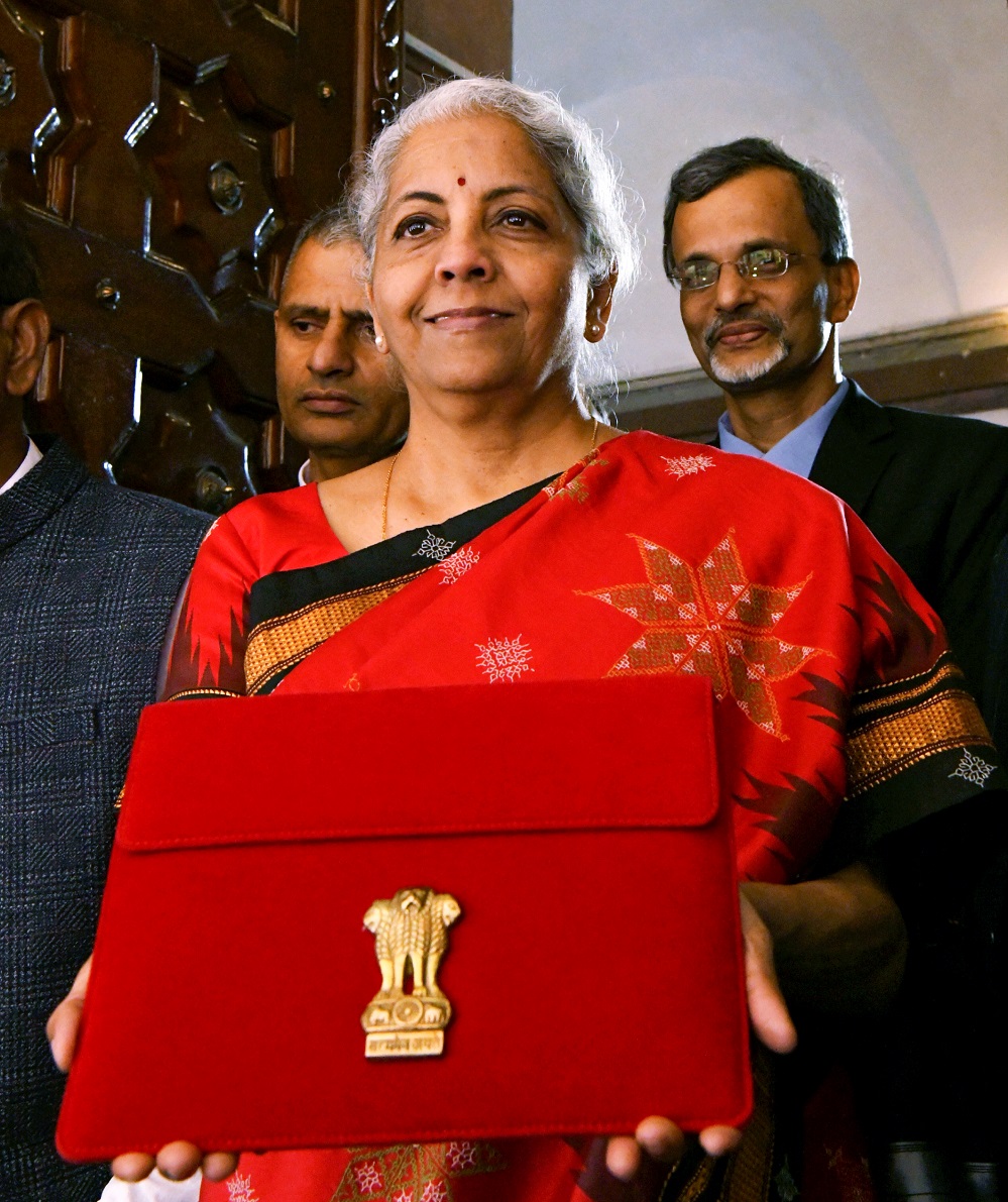Nirmala Sitharaman carrying the tablet arrives at Parliament to present and read out the Union Budget 2023-24