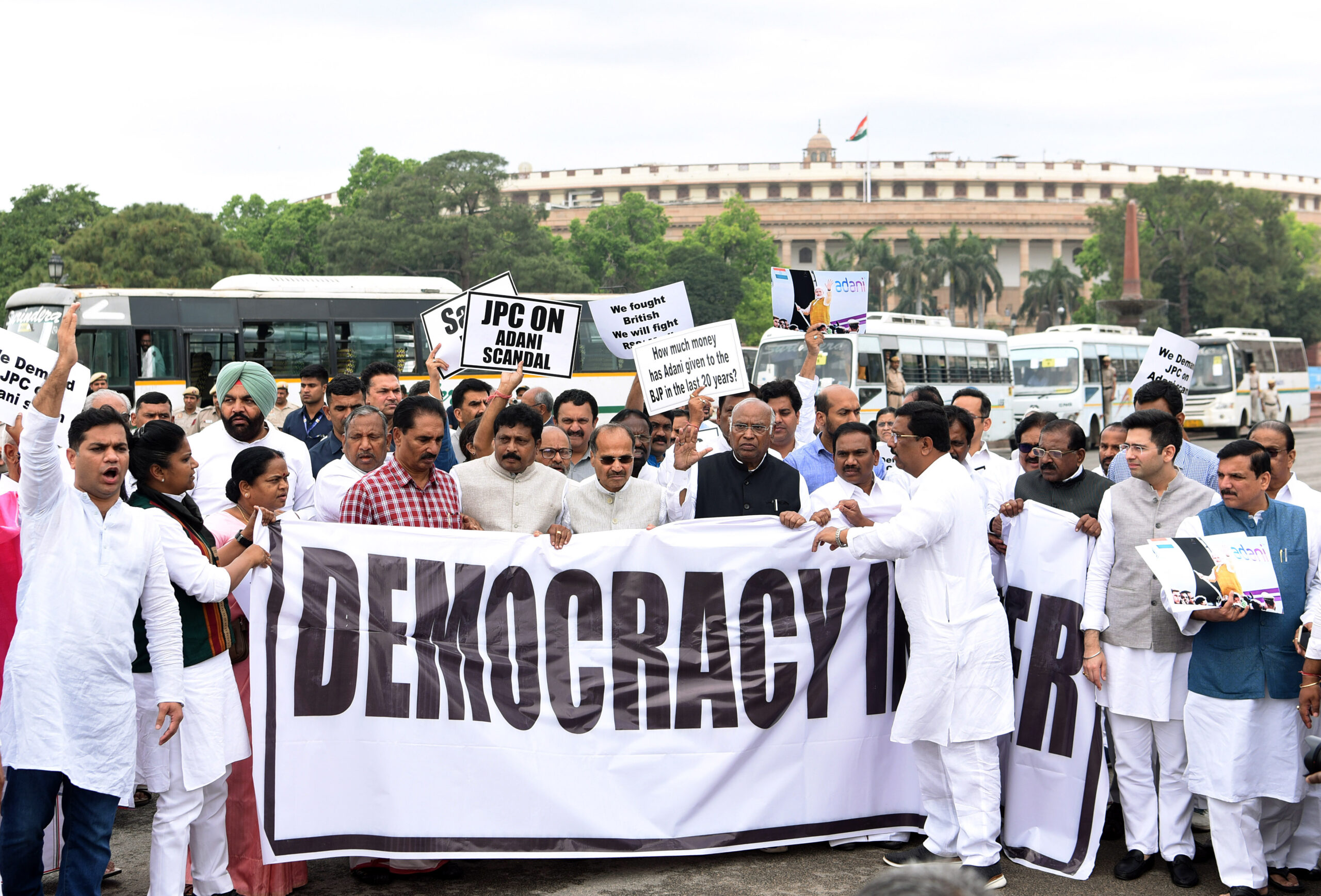 Opposition MPs take out a protest march demanding a JPC inquiry into the Adani Group issue
