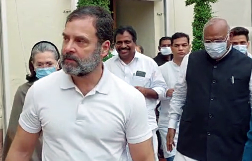Sonia Gandhi, Rahul Gandhi and Mallikarjun Kharge come out after attending the meeting of Congress MPs