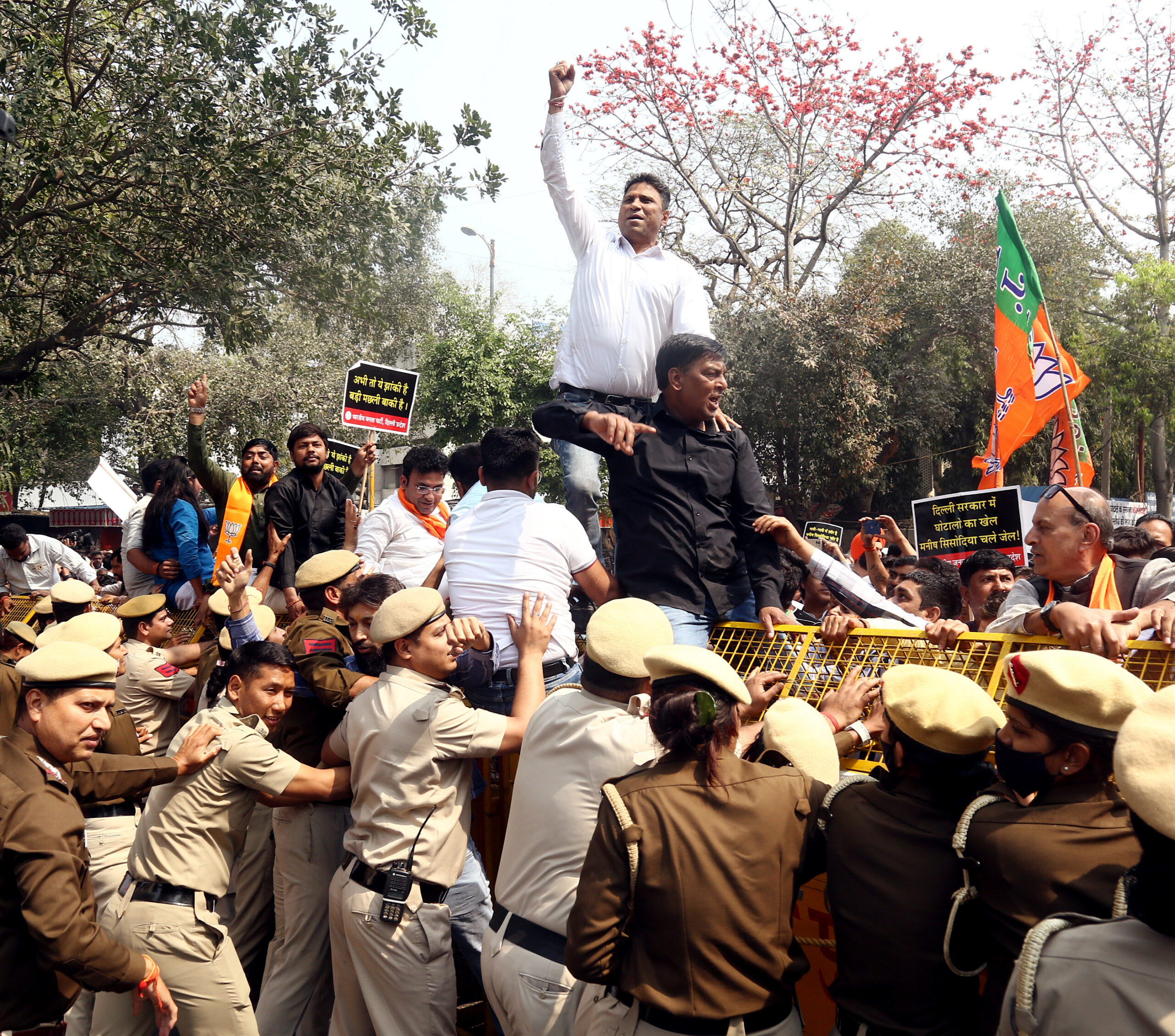BJP supporters protest against AAP government, in New Delhi