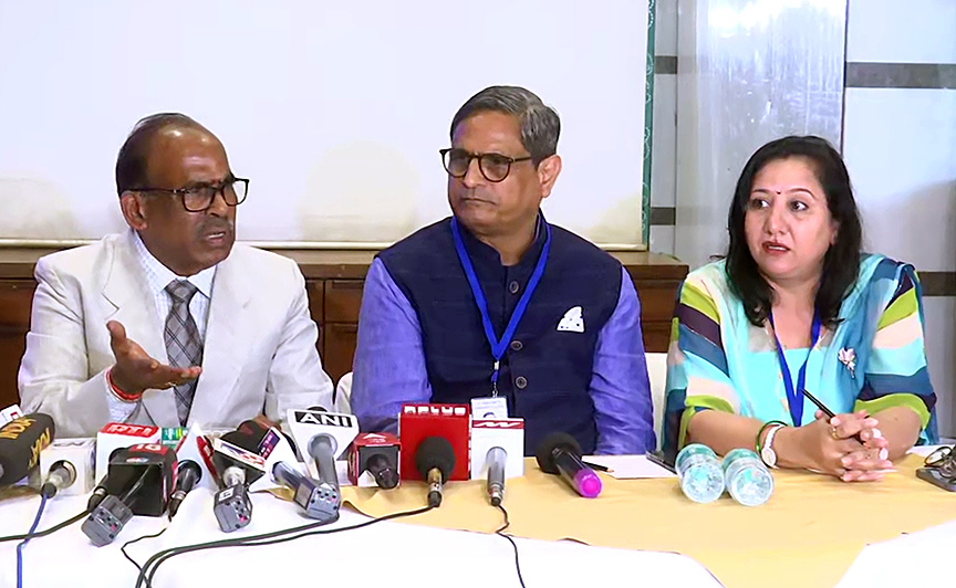 Justice L Narasimha Reddy (Retd) addresses a press conference