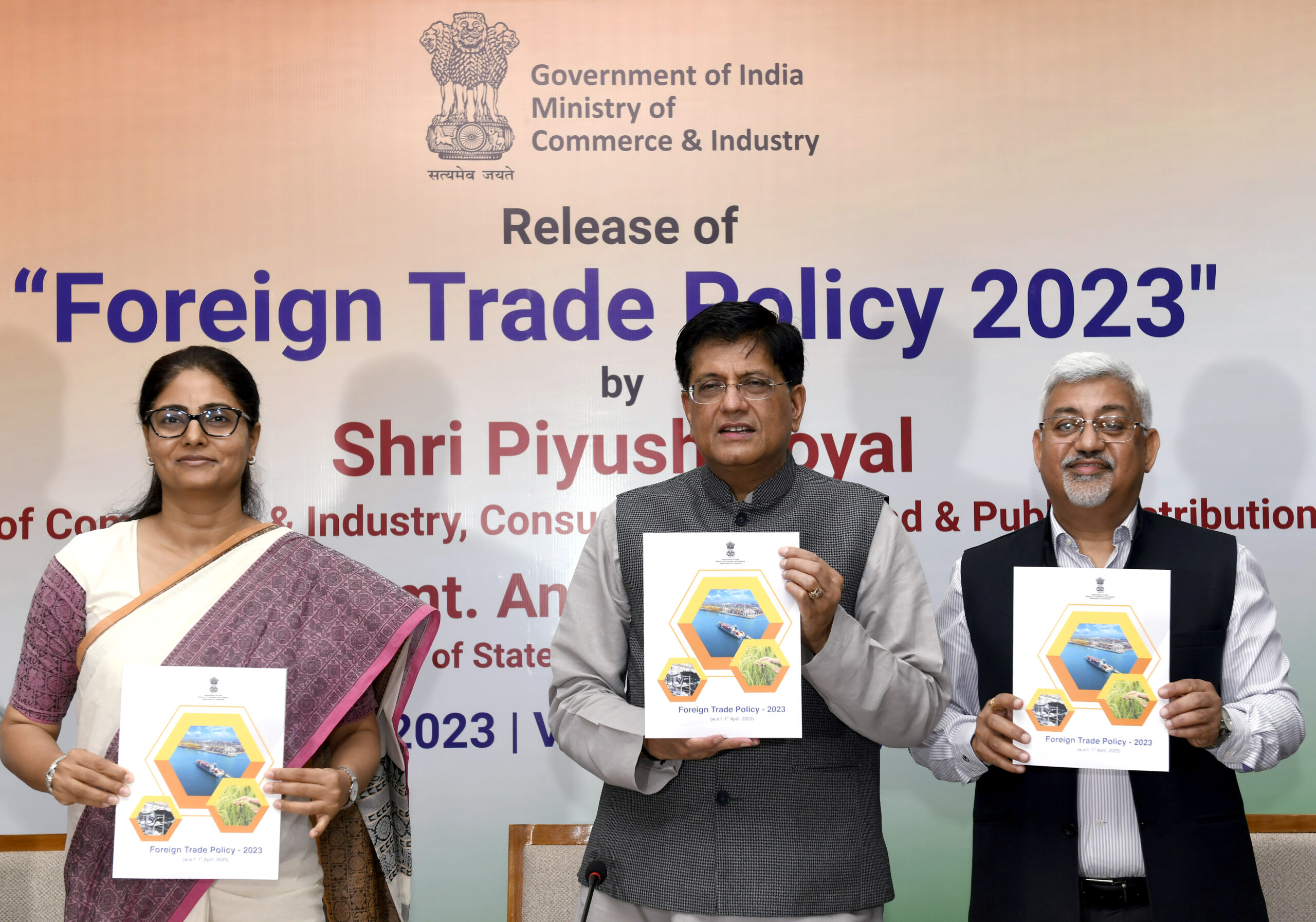 Piyush Goyal with Anupriya Patel and Sunil Barthwal releases the Foreign Trade Policy 2023