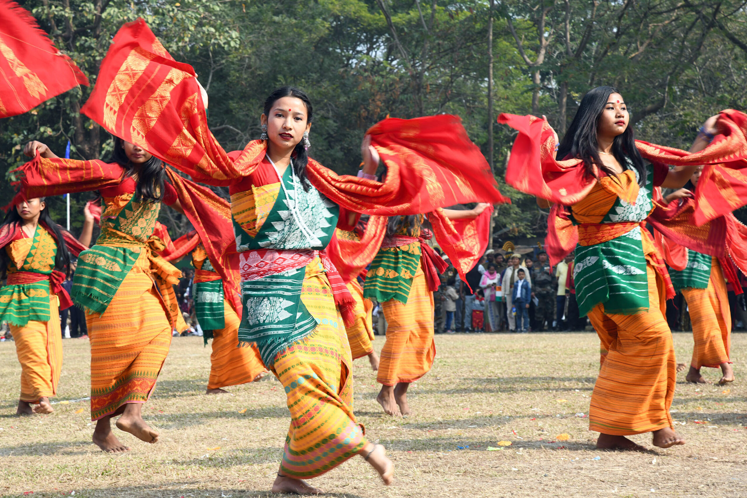 Members of Bodo community perform traditional dance during the 74th Republic Day celebration
