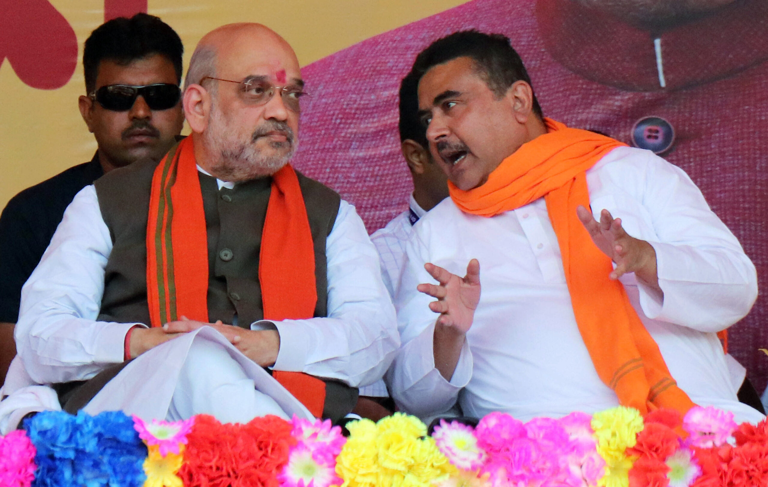 Amit Shah and Suvendu Adhikari during a public meeting in Birbhum