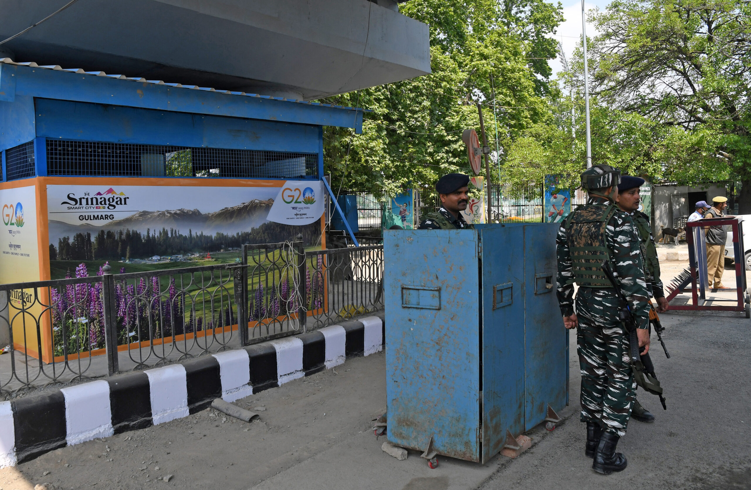 CRPF personnel stand guard as security beefed up ahead of the G20 Tourism Meet
