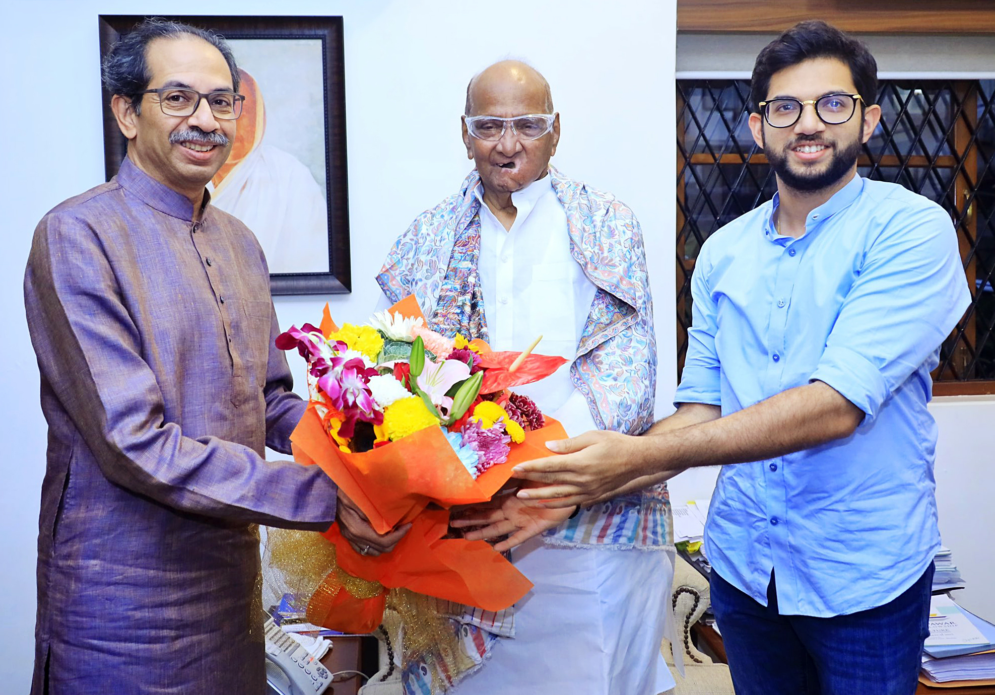 Uddhav Thackeray and Aaditya Thackeray meet Sharad Pawar on his birthday