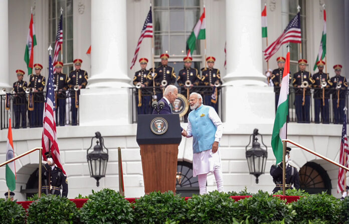 The United States President Joe Biden and Prime Minister Narendra Modi during a ceremonial welcome