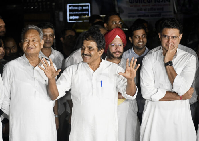 K.C Venugopal with Ashok Gehlot and Sachin Pilot speaks to the media in New Delhi