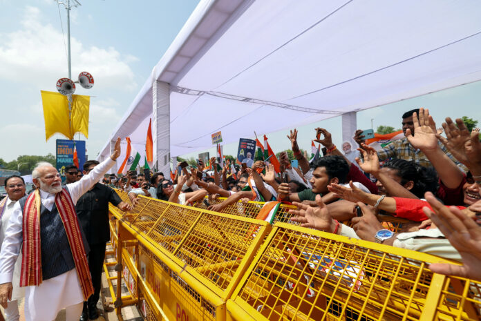 PM Narendra Modi receives a warm welcome on his arrival at Palam airport, Delhi