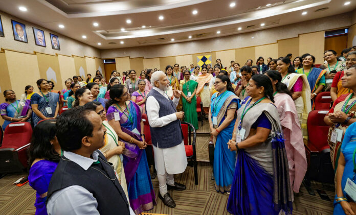 Narendra Modi interacts with women scientists of the ISRO team involved in Chandrayaan-3 Mission