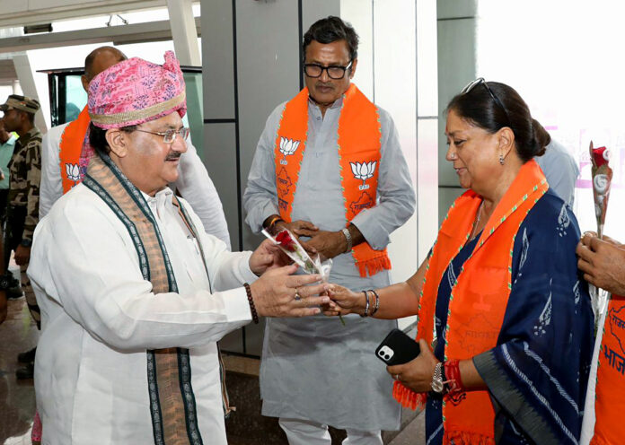 BJP National President JP Nadda being welcomed by party leader Vasundhara Raje
