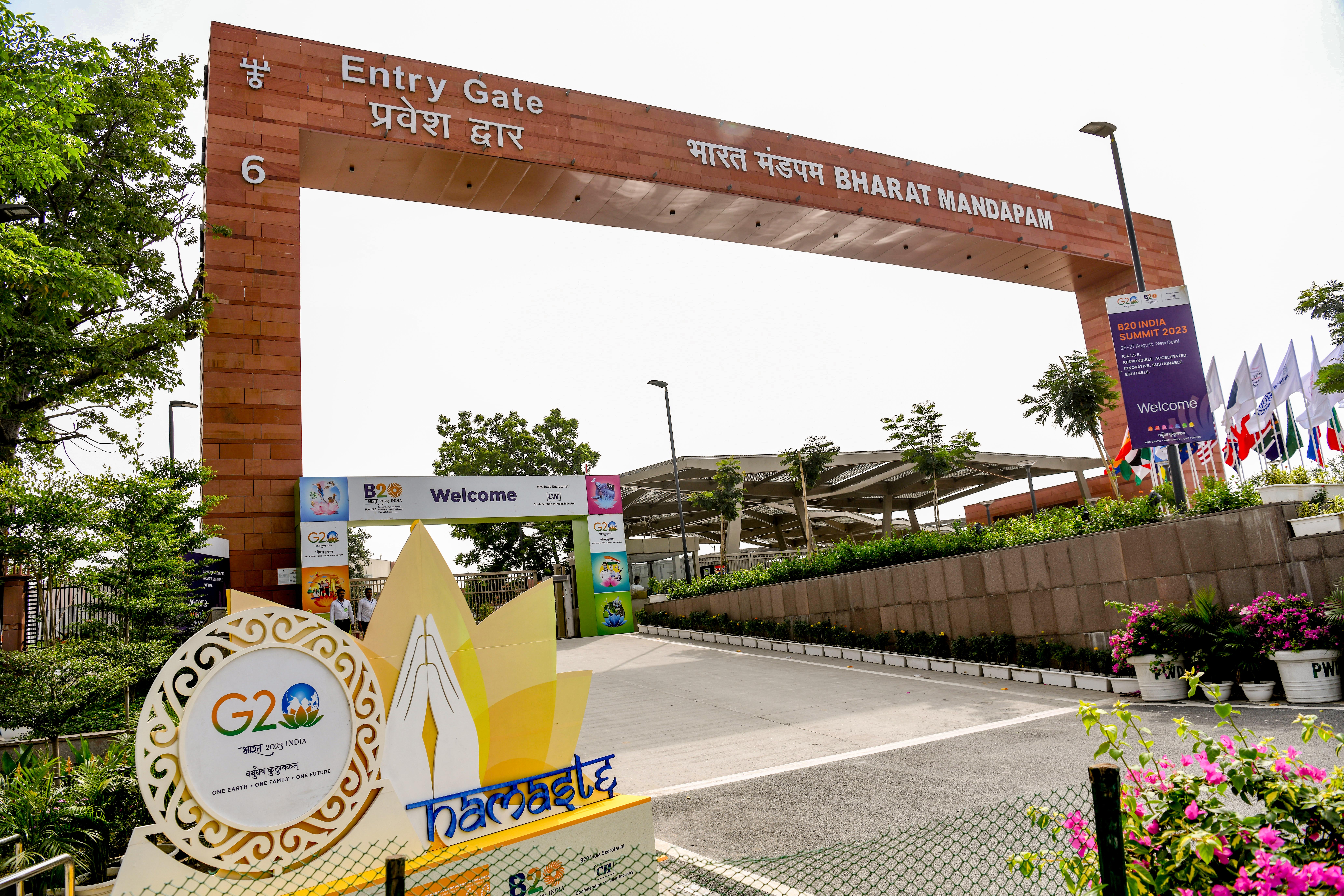 A beautification work at Bharat Mandapam convention centre of Pragati Maidan