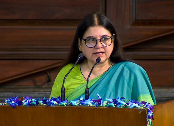 BJP MP Maneka Gandhi addresses during a special event at the Central Hall of the old Parliament
