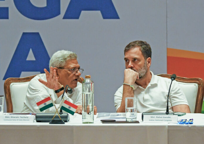 Opposition's INDIA bloc leaders Sitaram Yechury and Rahul Gandhi during the meeting