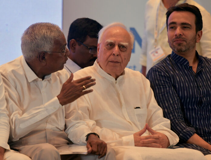 Kapil Sibal with D. Raja and others during Opposition's Indian National Developmental Inclusive Alliance (INDIA) bloc leaders meeting