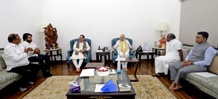 JP Nadda meets JD(S) leader H.D. Kumaraswamy in presence of Amit Shah