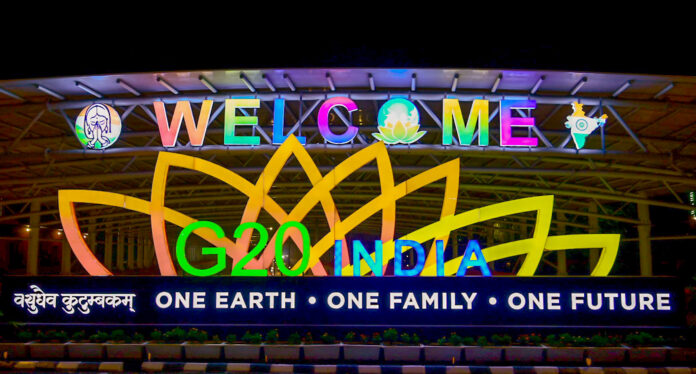 The redeveloped and illuminated G20 logos installed on the G20 Summit preparations
