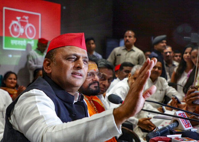 Akhilesh Yadav addresses a press conference