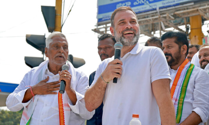 Congress leader Rahul Gandhi addresses the public meeting during the 'Vijayabheri Yatra' ahead of Telangana Assembly elections