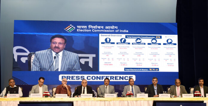 CEC Rajiv Kumar addresses the press conference organised by the ECI announcing the dates for the Assembly elections in five states