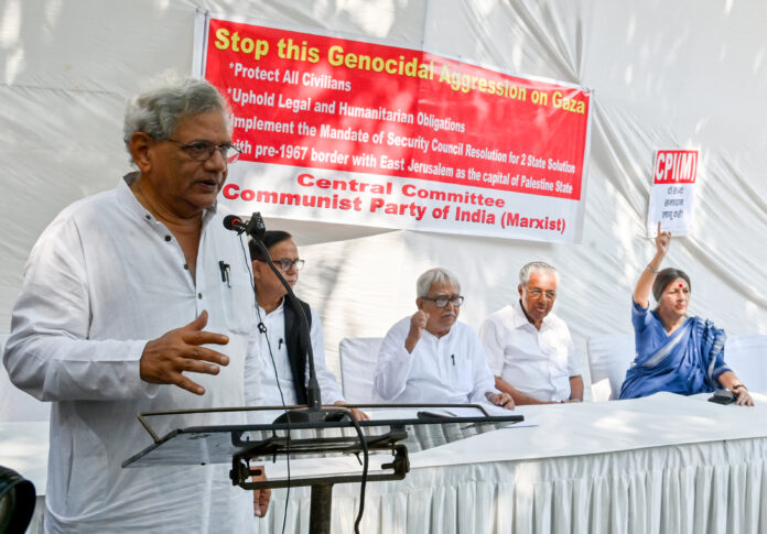CPI-M leader Sitaram Yechury addresses during a protest