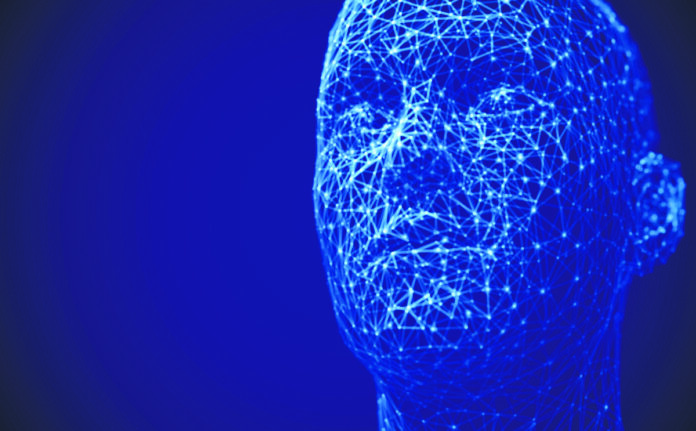 Artificial intelligence or deep machine learning concept: polygonal male face. Digital human or robot head - abstract visualization of future technology and neural network. EPS 10, vector illustration