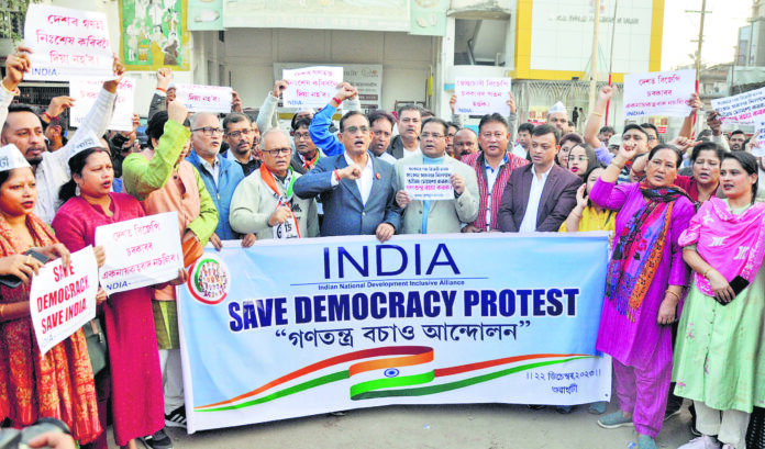 INDIA alliance supporters stage a protest against the central government