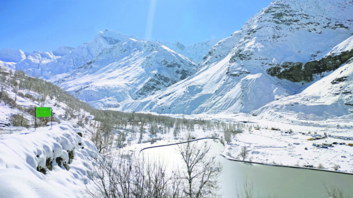 A view of the snow covered-mountains following heavy snowfall at Koskar area of Lahaul and Spiti dist.