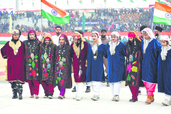 Artist perform during the 75th Republic Day parade, in Srinagar