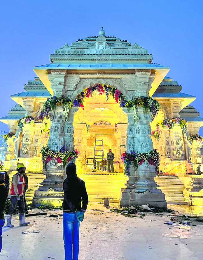 A glimpse of the illuminated Ram Mandir, as preparations are underway ahead of the consecration ceremony