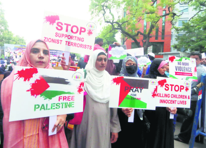 Members of various political parties stage a protest against the ongoing Israel-Hamas war