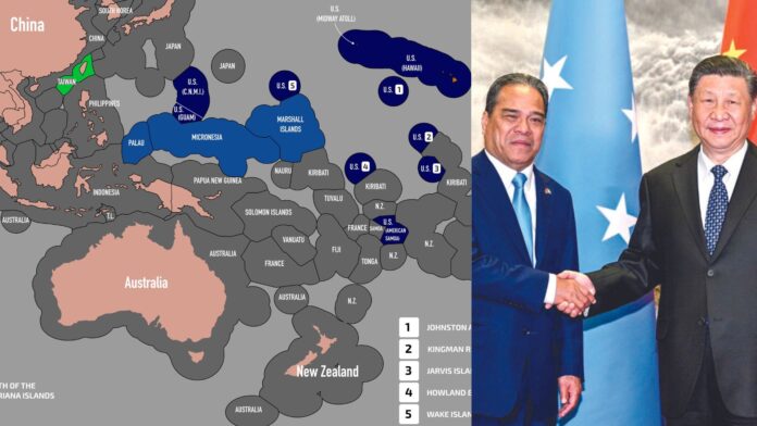 Untitled design (4) Map of the central Pacific region with EEZs marked. (L) Chinese President Xi Jinping shakes hands with President of the Federated States of Micronesia Wesley W. Simina in Beijing, China, on 9 April. Picture courtesy: Xinhua (R)