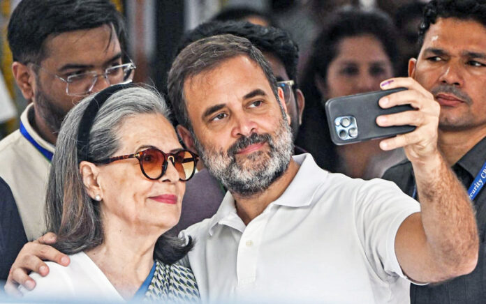 Congress leader Rahul Gandhi takes a selfie with her mother and CPP Chairperson Sonia Gandhi