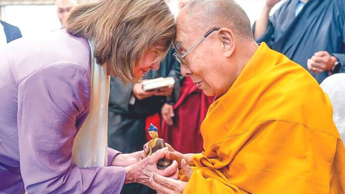 Former US House Speaker Nancy Pelosi and Tibetan spiritual leader Dalai Lama greet each other at his residence in Mcleodganj, Kangra on Wednesday. ANI Former US House Speaker Nancy Pelosi and Tibetan spiritual leader Dalai Lama greet each other at his residence in Mcleodganj, Kangra on Wednesday. ANI