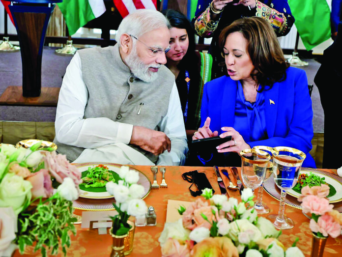 Narendra Modi interacts with US Vice President Kamala Harris