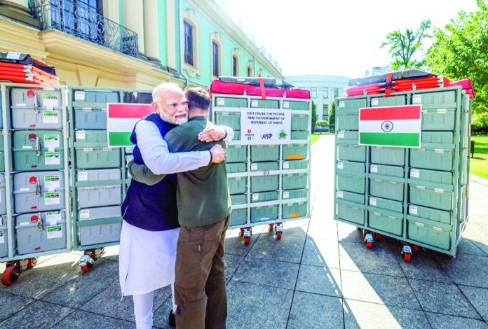 PM Narendra Modi hands over the BHISHM cube of Medical assistance to Ukrainian President Volodymyr Zelenskyy