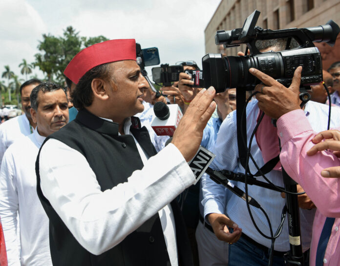 SP MP Akhilesh Yadav speaks to the media at the Parliament House