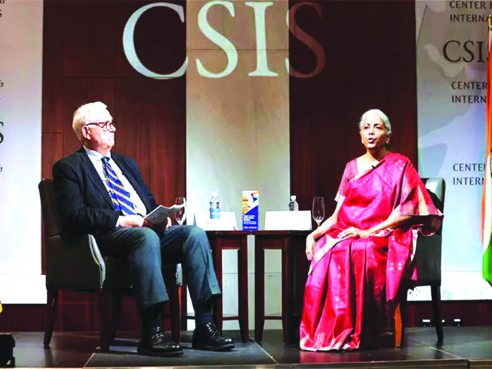 Union FM Nirmala Sitharaman with John J Hamre, President and CEO of the CSIS, during a fireside conversation on ‘India’s Economic Aspirations’ on Friday. (ANI)